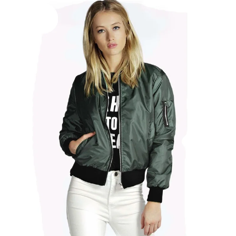 European Style Womens Retro Long Sleeve O-Neck Short Zipper Slim Bomber Jacket Casual Coat MA1 Pilot Bomber Jackets