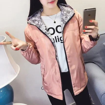 2018 Spring Autumn Women Basic Jacket Pocket Zipper Hooded Two Side Wear Cartoon Print Outwear Loose Coat Windbreaker Female 101