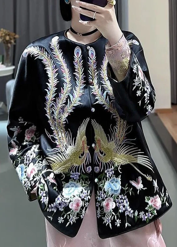 Black Button Embroideried Silk Coats O-Neck Long Sleeve