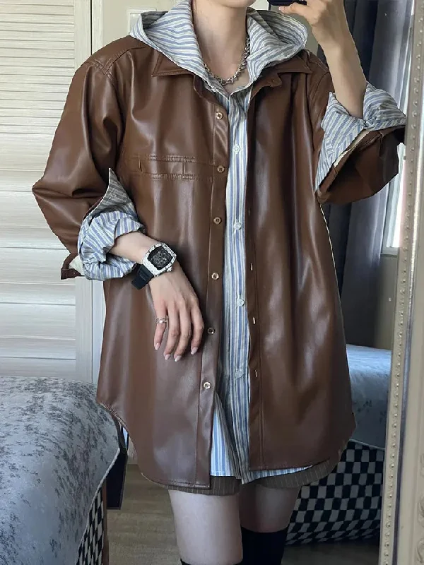 Brown Leather Jacket Women Autumn Long Sleeve Turn Down Collar Coat Female American Retro Casual Loose Single Breasted Outerwear