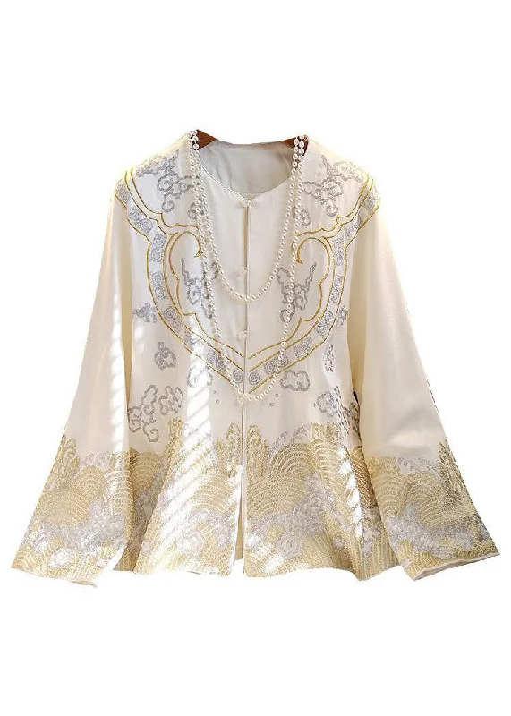 Chinese Style White Embroidered Button Silk Coat Long Sleeve