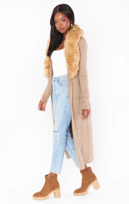 Lombardi Long Cardi ~ Taupe with Faux Fur