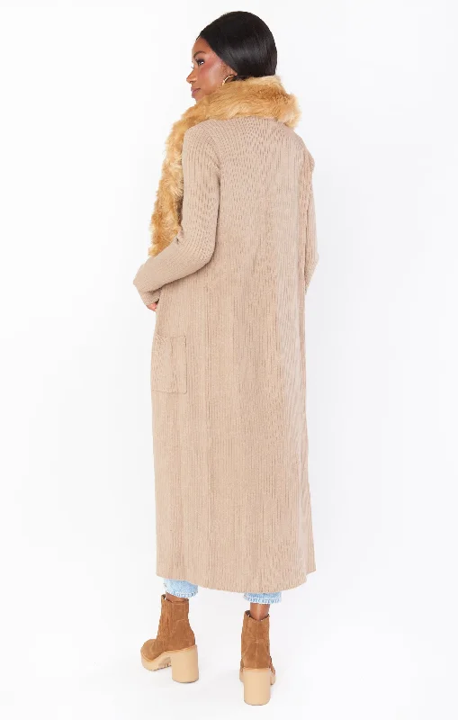 Lombardi Long Cardi ~ Taupe with Faux Fur