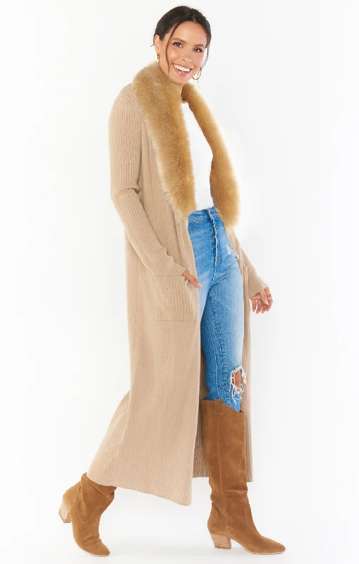 Lombardi Long Cardi ~ Taupe with Faux Fur