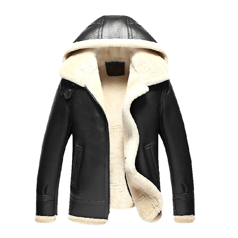 Men's Black Hooded Sheepskin Shearling Leather Jacket