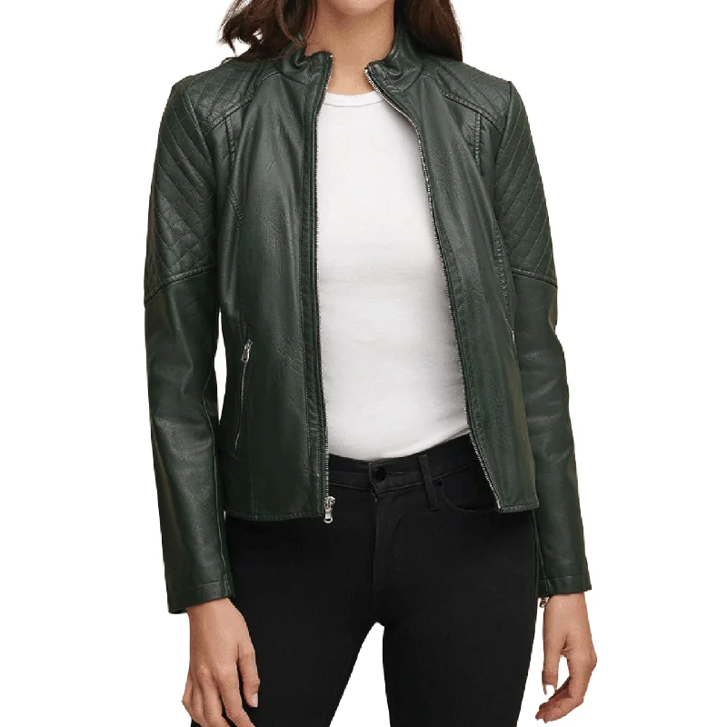 Slim and Smart Quilted Green Color Zipper Pocket Sheepskin Leather Jacket Women