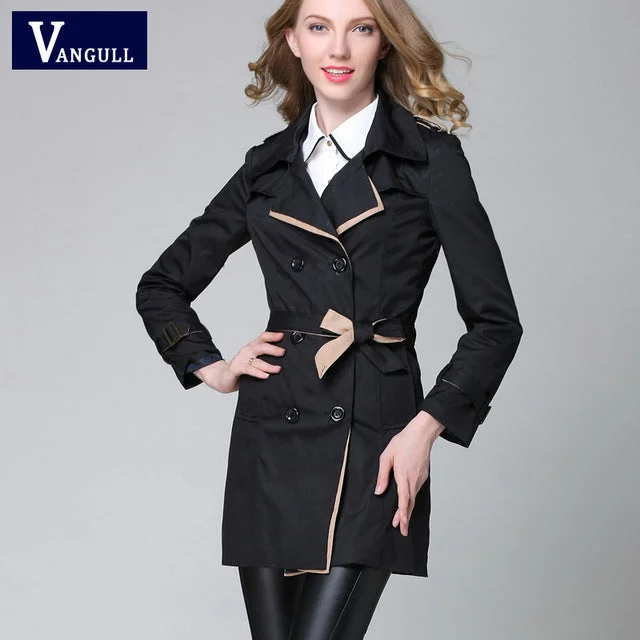 VANGULL 2017 New Fashion Designer Brand Classic European Trench Coat khaki Black Double Breasted Women Pea Coat real photos