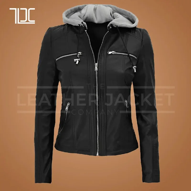 Versatile Bomber Hooded Leather Jacket Women