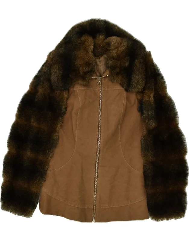 VINTAGE Womens Faux Fur Bomber Jacket IT 38 XS Brown Cotton