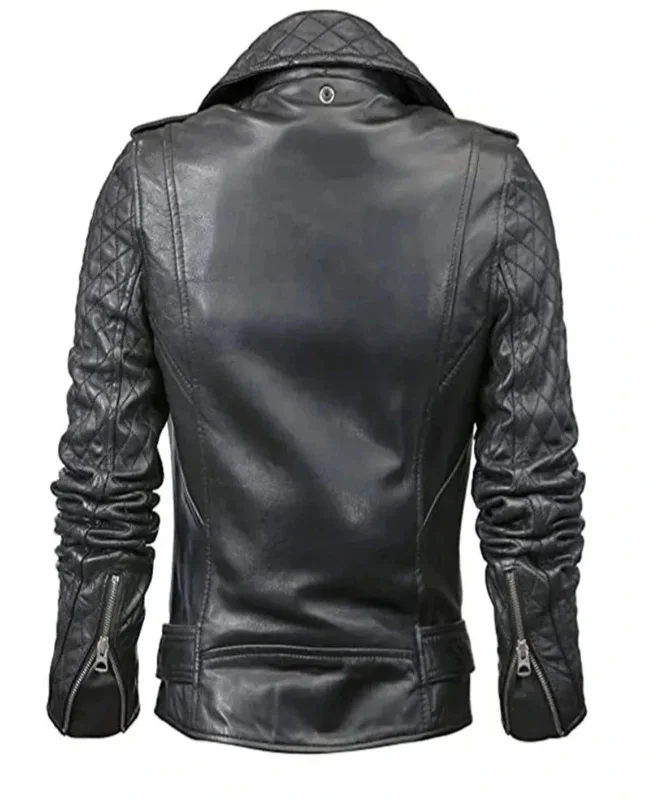 Women’s Dark Black Quilted Belted Leather Jacket