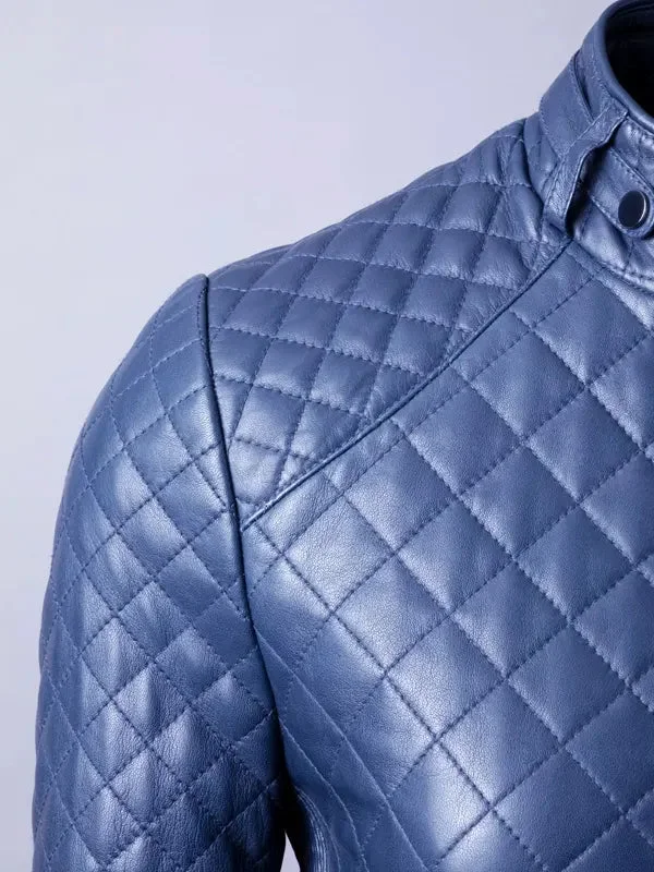 Women’s Stylish Blue Quilted Leather Jacket