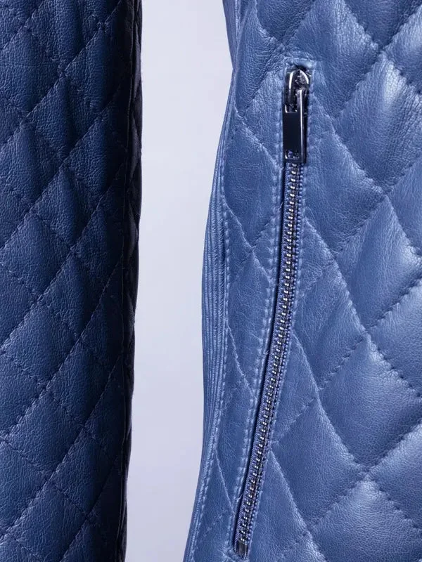 Women’s Stylish Blue Quilted Leather Jacket