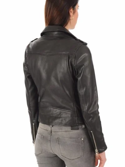 Womens Belted Biker Lapel Collar Leather Jacket