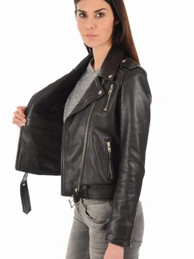 Womens Belted Biker Lapel Collar Leather Jacket