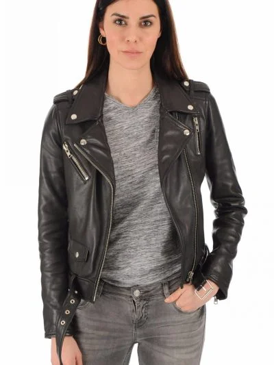 Womens Belted Biker Lapel Collar Leather Jacket