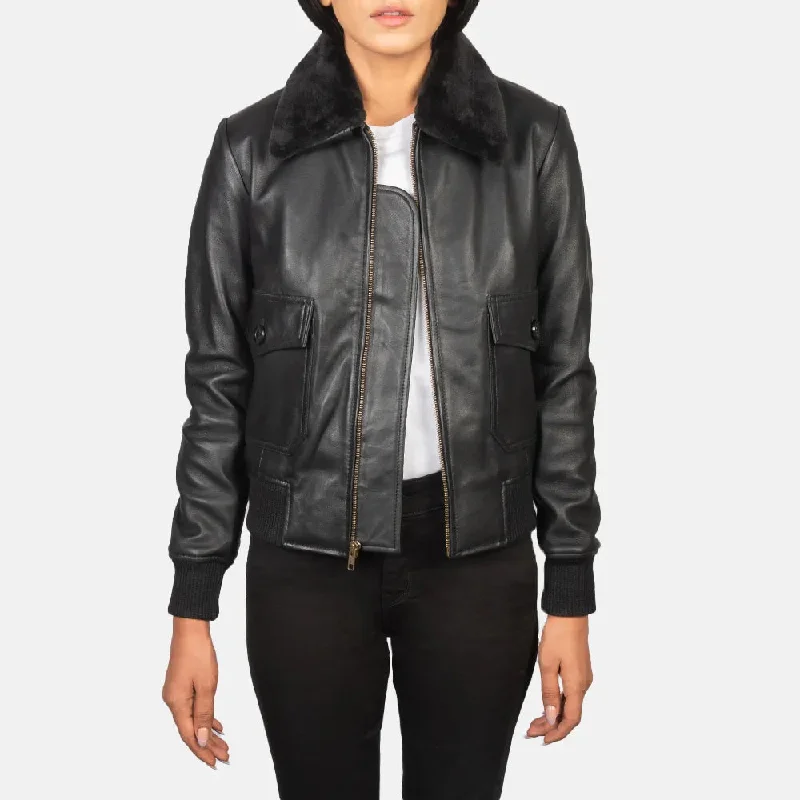 Black Women's Soft Leather Jacket Bomber in Collar Style