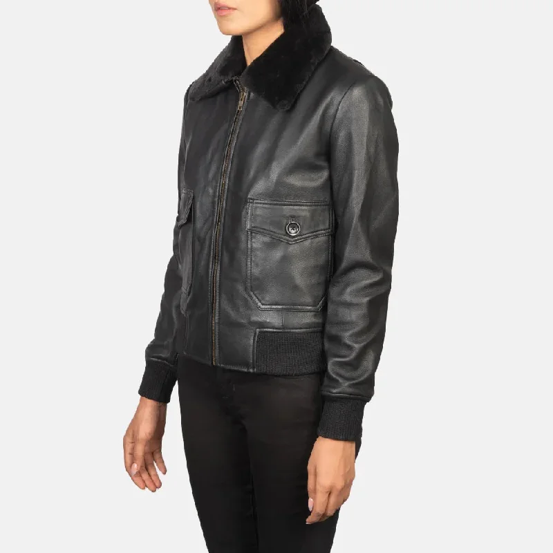 Black Women's Soft Leather Jacket Bomber in Collar Style