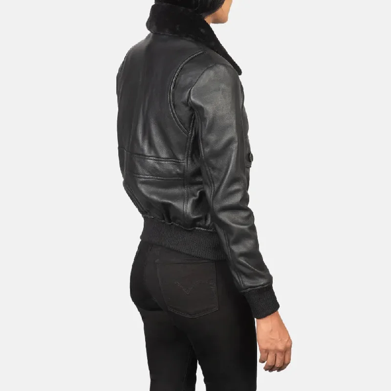 Black Women's Soft Leather Jacket Bomber in Collar Style