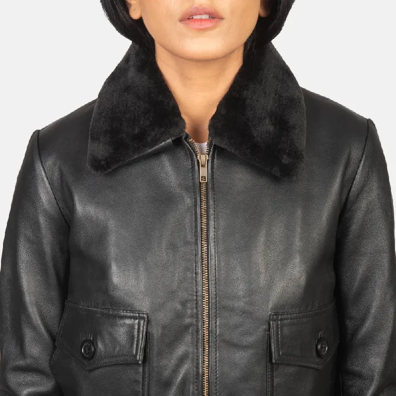 Black Women's Soft Leather Jacket Bomber in Collar Style