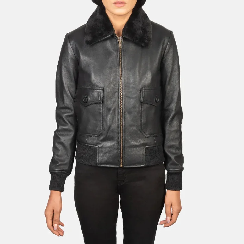 Black Women's Soft Leather Jacket Bomber in Collar Style