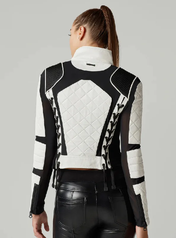 Women's White and Black Biker Leather Jacket