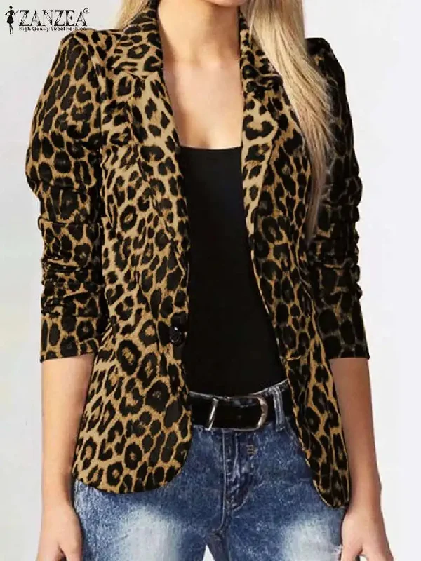 Oversized Button Up Outwears Women OL Blazer Fashion Ladies Office Suits Leopard Lapel Coats