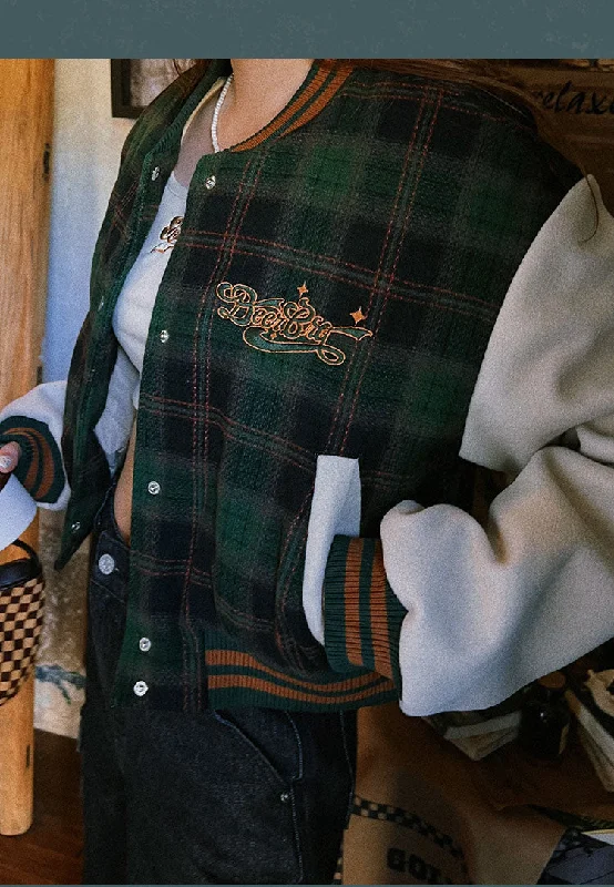 BeerBro Letter Embroidery Plaid Long Sleeve Cropped Varsity Jacket