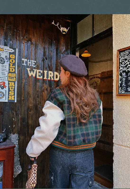 BeerBro Letter Embroidery Plaid Long Sleeve Cropped Varsity Jacket